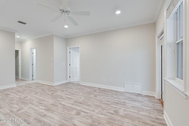 bedroom featuring ceiling fan, light hardwood / wood-style floors, ornamental molding, and access to outside