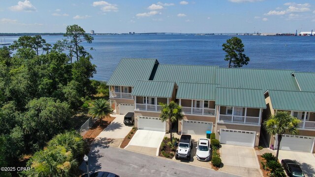 drone / aerial view with a water view