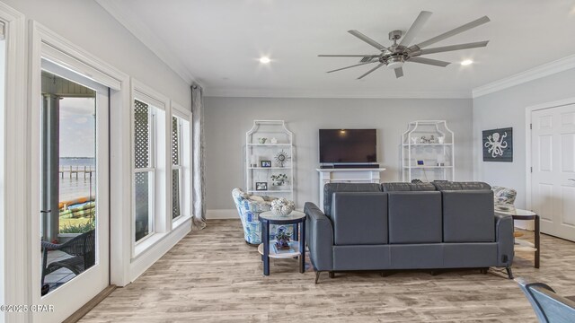 living room featuring crown molding, ceiling fan, and light wood-type flooring