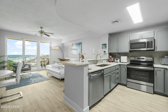 15928 Front Beach Rd Unit 3-1610, Panama City Beach, FL 32413 - kitchen with stainless steel appliances, a sink, gray cabinets, a peninsula, and light wood-type flooring