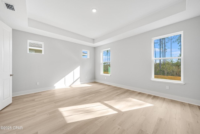 empty room with light hardwood / wood-style floors and a raised ceiling