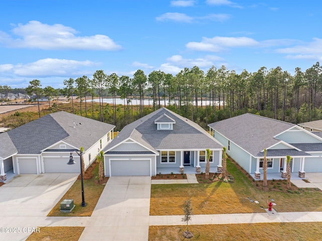 view of front facade with central AC unit, a garage, a front yard, and covered porch