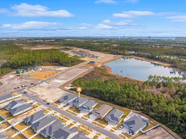 aerial view featuring a water view