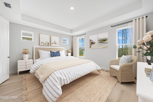 bedroom with light hardwood / wood-style floors and a raised ceiling