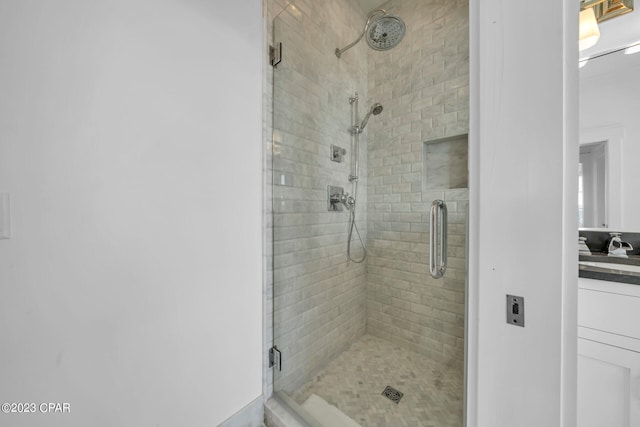 bathroom featuring walk in shower and vanity