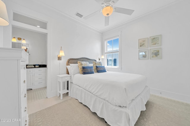 bedroom featuring ceiling fan and crown molding