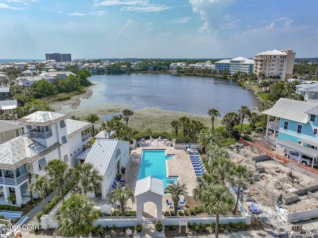 aerial view featuring a water view