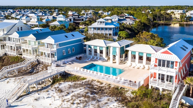 drone / aerial view featuring a water view