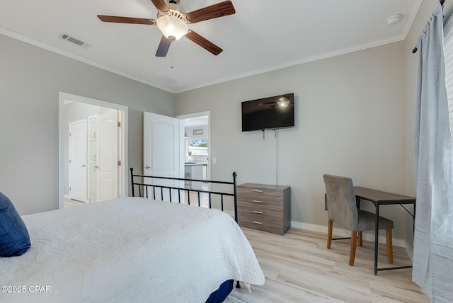 bedroom featuring ceiling fan, light hardwood / wood-style flooring, and crown molding