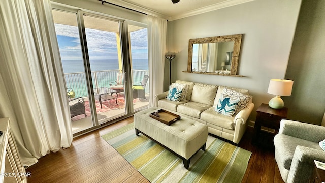 living room with a water view, dark wood-type flooring, and crown molding