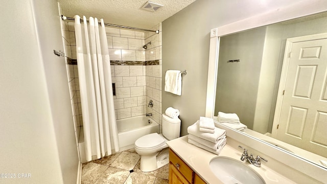 full bathroom with a textured ceiling, toilet, shower / bath combination with curtain, and vanity