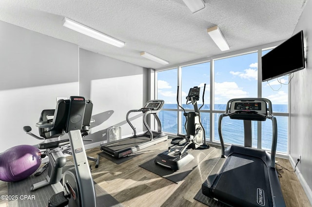 exercise room with wood-type flooring, expansive windows, and a textured ceiling