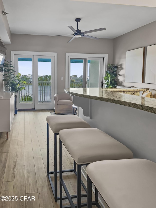 dining space featuring light wood-type flooring, ceiling fan, and a water view