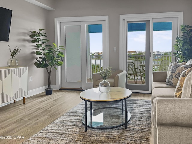 living room with hardwood / wood-style flooring and a water view