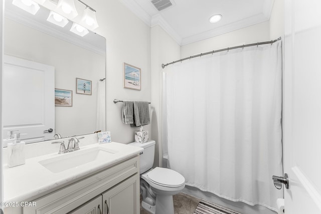 full bathroom with toilet, ornamental molding, vanity, and visible vents