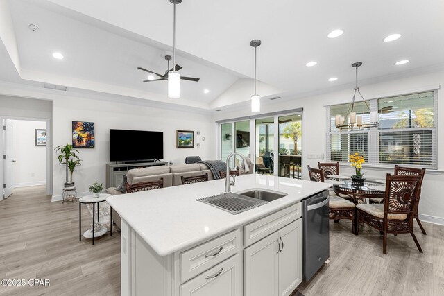 kitchen featuring white cabinets, a kitchen island with sink, pendant lighting, sink, and stainless steel dishwasher