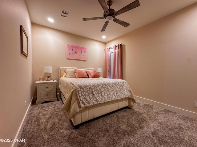 bedroom with ceiling fan and carpet flooring