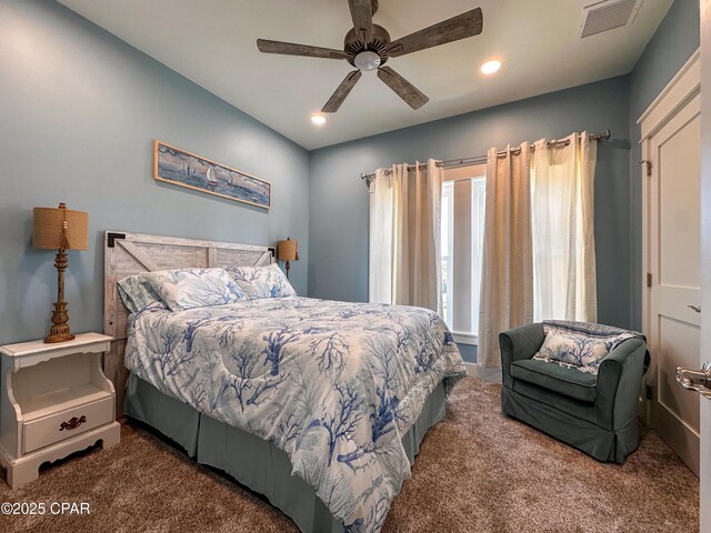 bedroom featuring carpet and ceiling fan