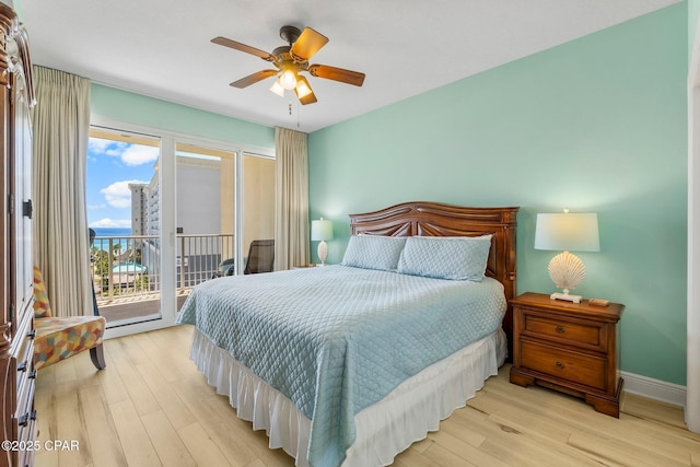 bedroom with ceiling fan, access to exterior, and light hardwood / wood-style floors