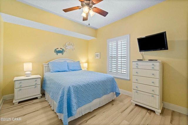 bedroom with ceiling fan and light hardwood / wood-style flooring