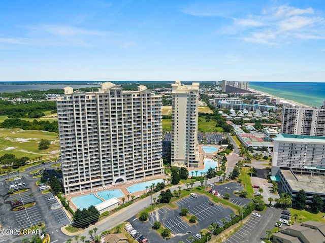 aerial view featuring a water view