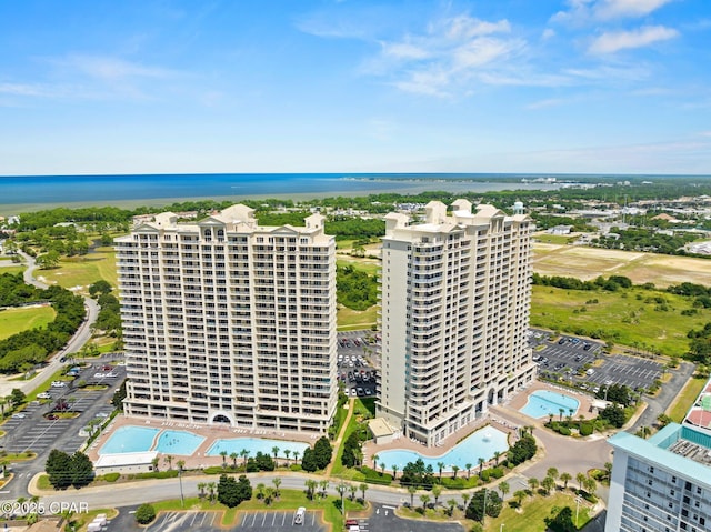 drone / aerial view with a water view