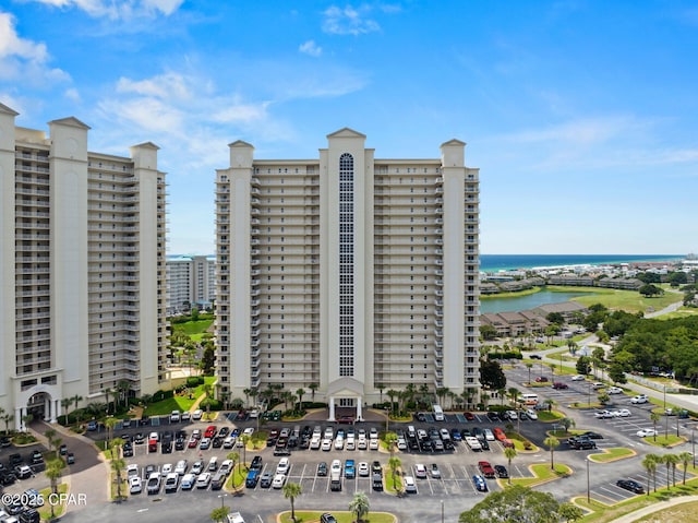 view of building exterior with a water view