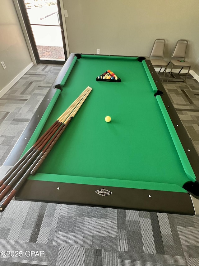 rec room featuring carpet floors and billiards