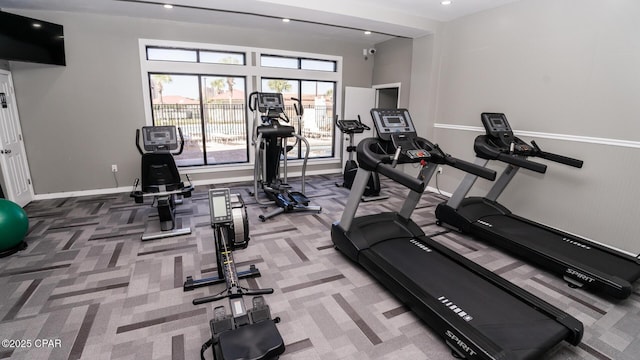 workout area featuring carpet floors