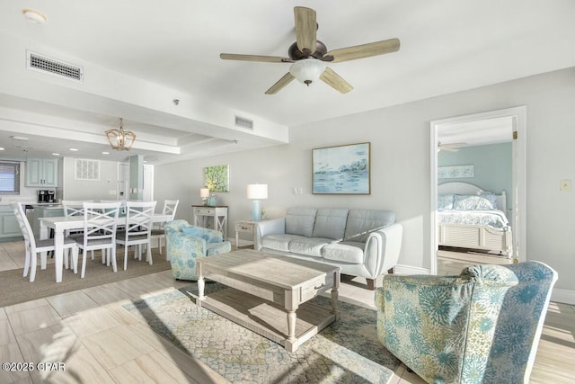 living room featuring ceiling fan