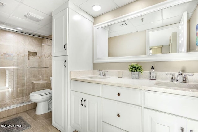 bathroom with toilet, walk in shower, and vanity