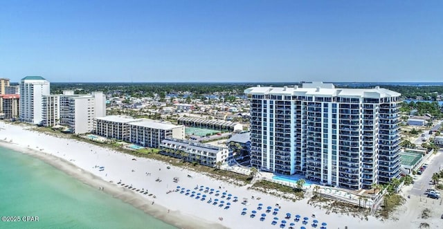 aerial view featuring a beach view and a water view