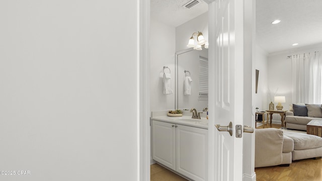 bathroom featuring vanity, wood-type flooring, and a textured ceiling