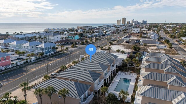 drone / aerial view featuring a water view