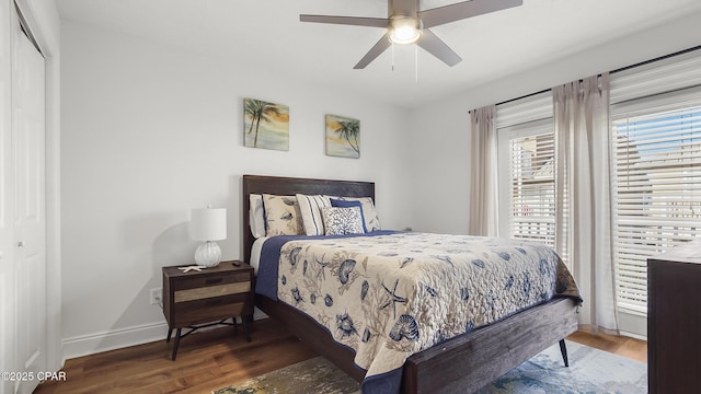 bedroom featuring ceiling fan, dark hardwood / wood-style flooring, and a closet