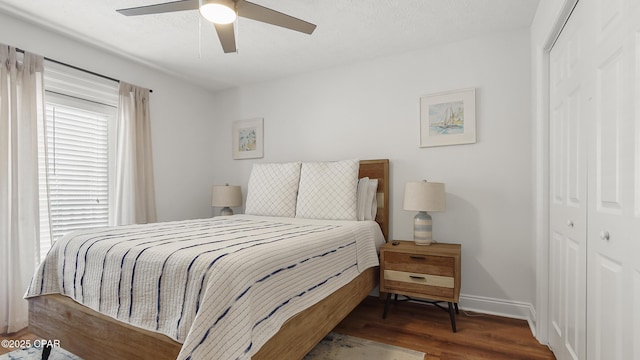 bedroom featuring ceiling fan, dark hardwood / wood-style flooring, and a closet