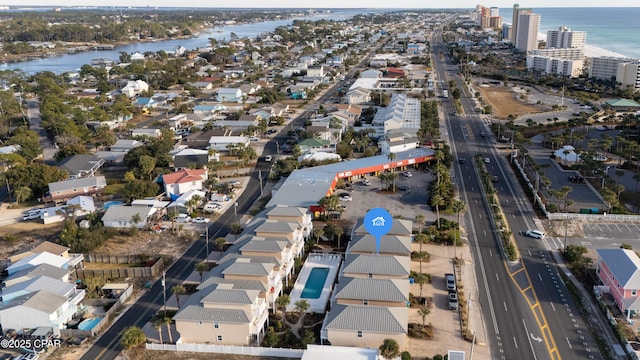 drone / aerial view with a water view