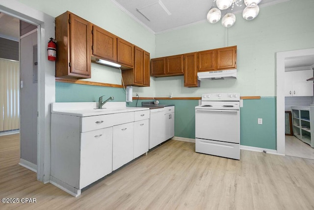 kitchen with light wood finished floors, dishwashing machine, white electric range, brown cabinetry, and under cabinet range hood