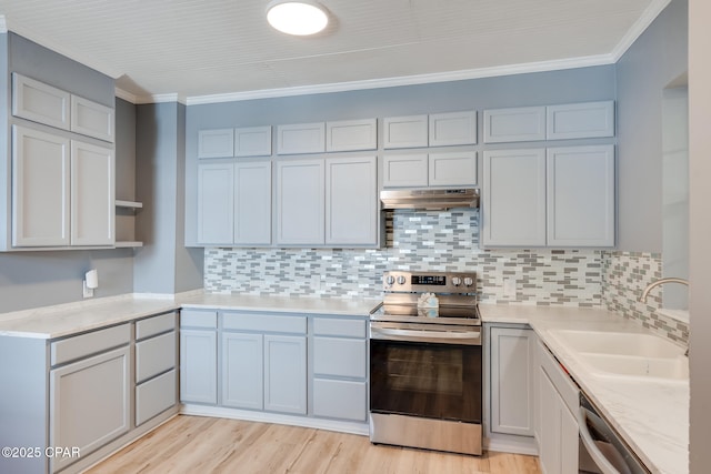 kitchen with appliances with stainless steel finishes, light hardwood / wood-style floors, backsplash, and sink