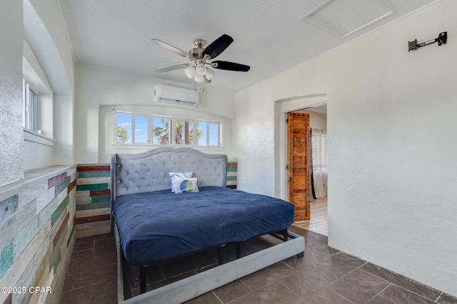 tiled bedroom featuring a wall unit AC, multiple windows, and ceiling fan