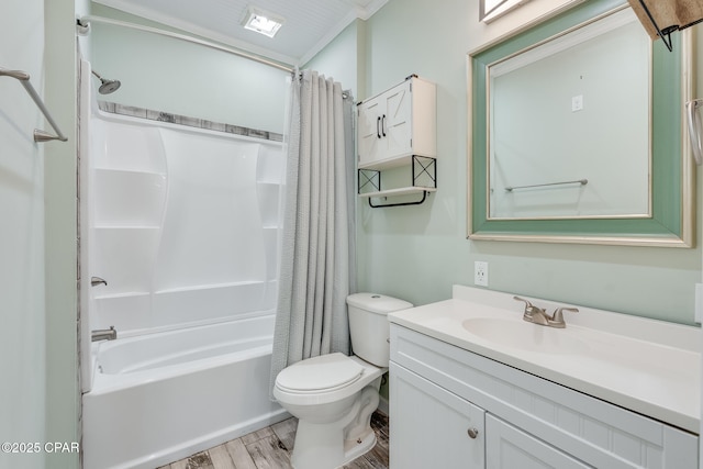 full bathroom with toilet, shower / tub combo, vanity, and hardwood / wood-style flooring