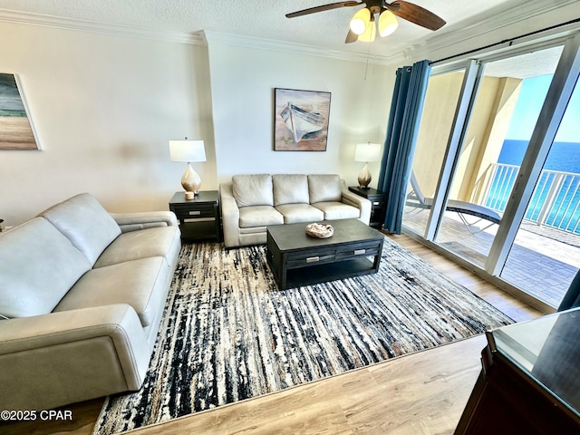 17643 Front Beach Rd Unit 1806, Panama City Beach, FL 32413 - living room featuring wood finished floors, a textured ceiling, crown molding, and ceiling fan
