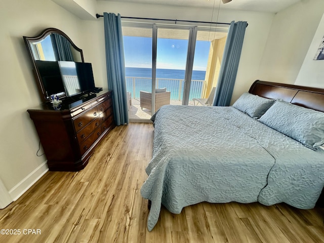 bedroom with light hardwood / wood-style floors and access to exterior