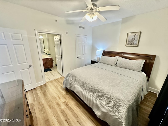 bedroom featuring ceiling fan, connected bathroom, and light hardwood / wood-style floors