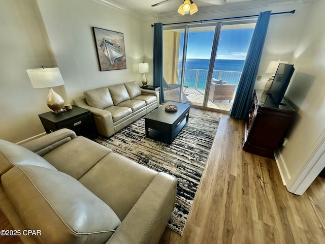 living room featuring ceiling fan, ornamental molding, and light hardwood / wood-style floors