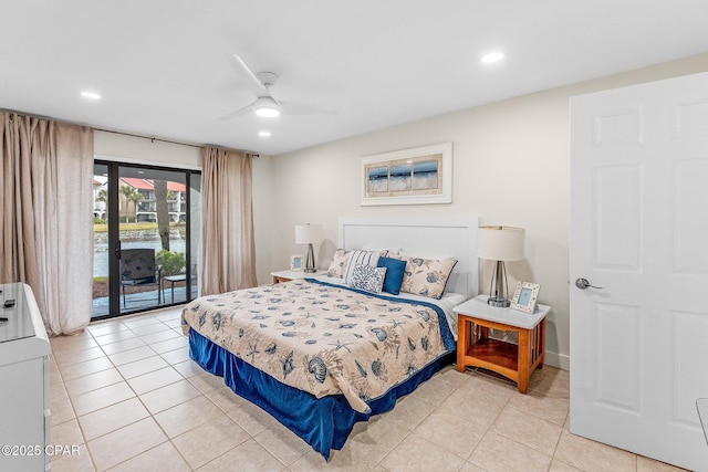 bedroom featuring access to outside, ceiling fan, and light tile patterned floors