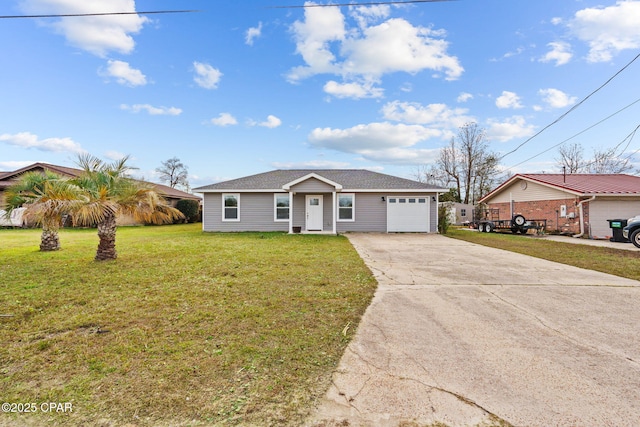 ranch-style house with a front yard and a garage