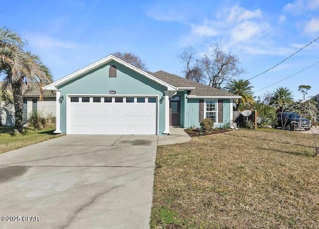 ranch-style home with a front lawn and a garage