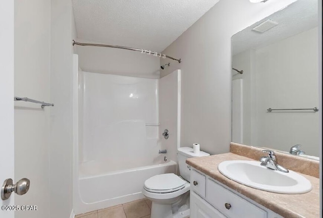 full bathroom featuring toilet, tile patterned flooring, a textured ceiling, shower / bathtub combination, and vanity