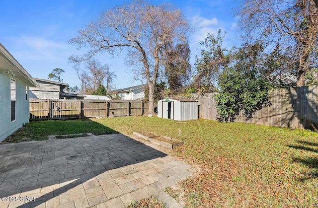 view of yard featuring a patio area and a shed